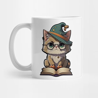 Magical Cat with a Spellbook - Adorable Magic Cat Cartoon Mug